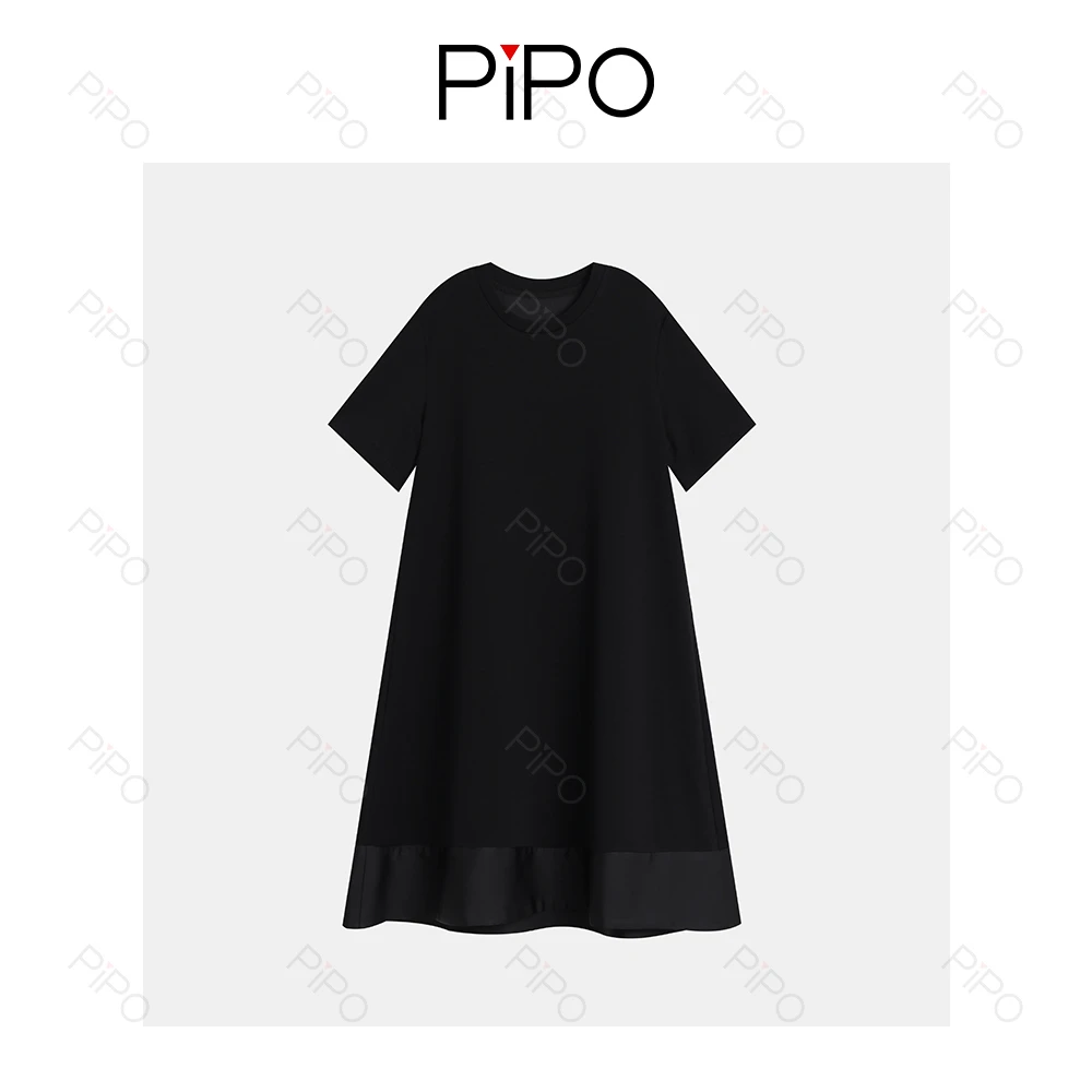 PIPO【现】夏季新款黑色短袖拼接宽松大码中长气质连衣裙DD52L266