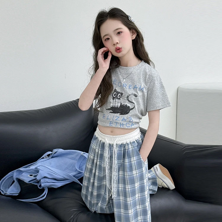 【丫丫童装】2025夏季新款女大童猫咪格子裤套装休闲百搭K633
