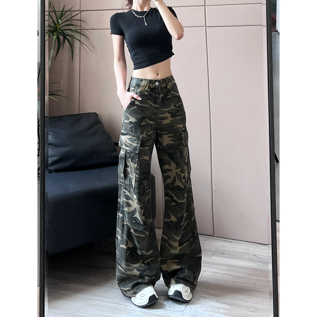 美式辣妹高街迷彩工装裤女高腰直筒多口袋阔腿休闲拖地长裤-7035