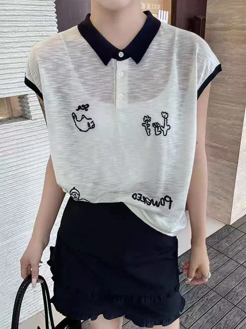 实体店品质刺绣翻领女短款短袖夏季毛针织衫减龄时尚潮流富婆风