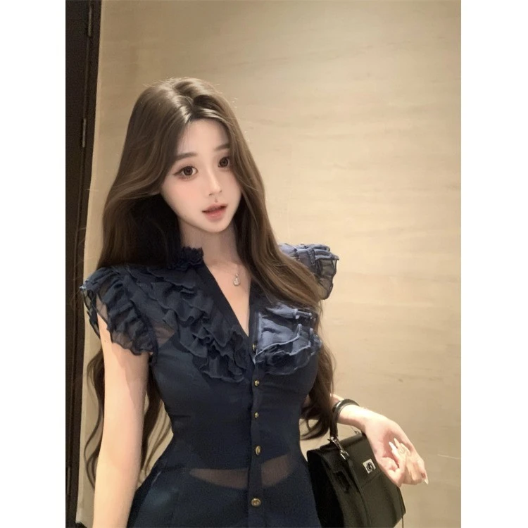 网红荷叶边法式v领小飞袖雪纺衬衫女夏季网纱衬衣设计感气质上衣