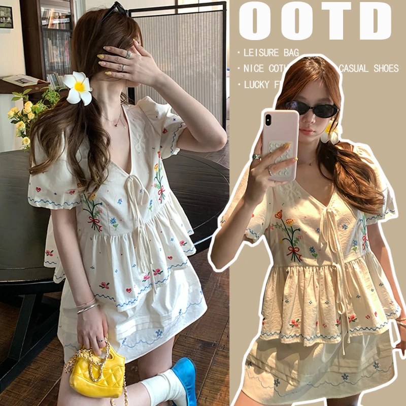孕妇棉麻宽松遮肚套装十字绣棉感娃娃衫+A字半身裙夏日漂亮套装