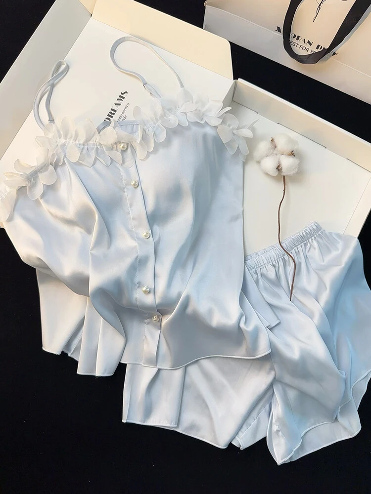 【黄色波点】韩版蕾丝开叉棉纱短袖睡衣女夏季新款套装可外穿家居服