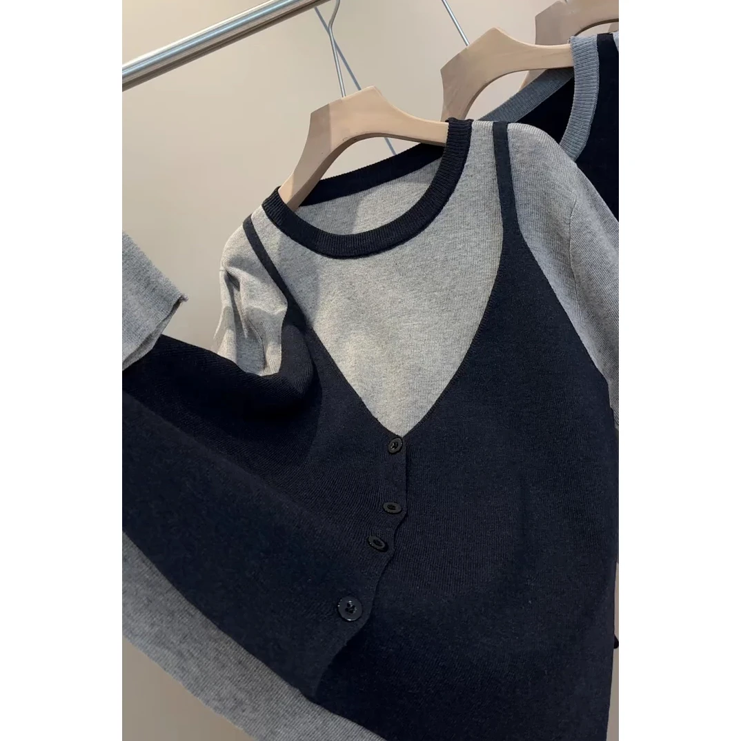 双色拼色假两件针织衫套头欧货秋冬设计感宽松圆领撞色