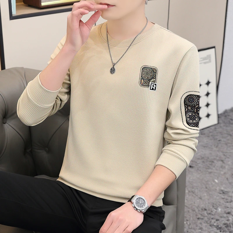 英格堡春季新款男休闲刺绣卫衣简约拼接时尚百搭潮流贴布上衣0032