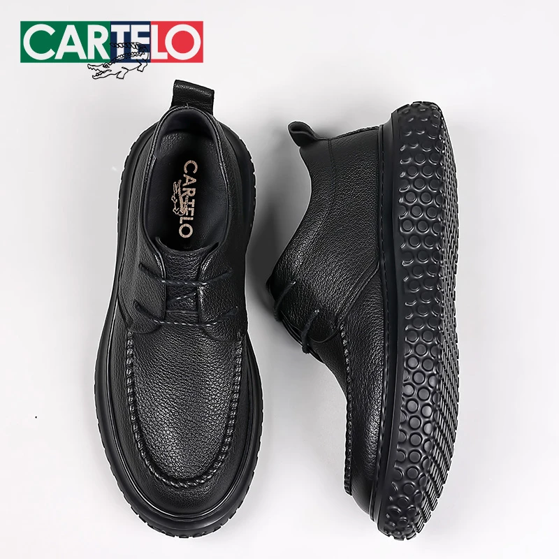 CARTELO/卡帝乐鳄鱼男鞋真皮牛皮系带圆头厚底百搭德比鞋休闲皮鞋