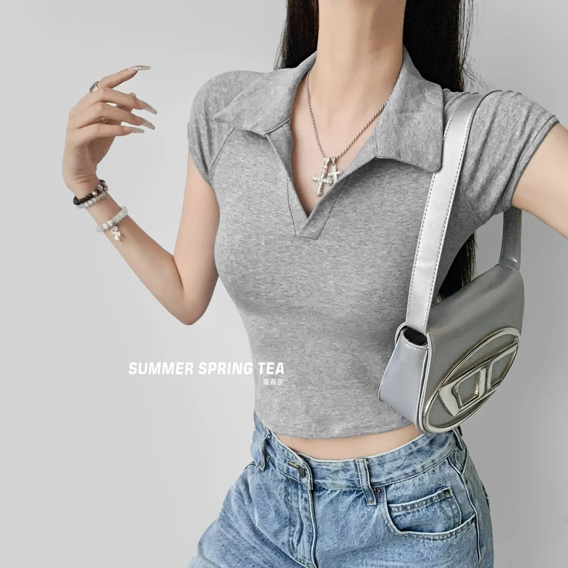 2025新款欧美风简约百搭V领短袖T恤女修身显瘦翻领短款上衣潮ins