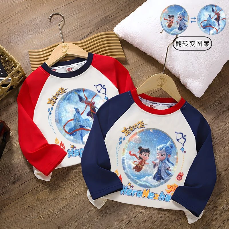 MUMUWU男童T恤国潮哪吒可翻转变图案亮片圆领休闲插肩袖儿童