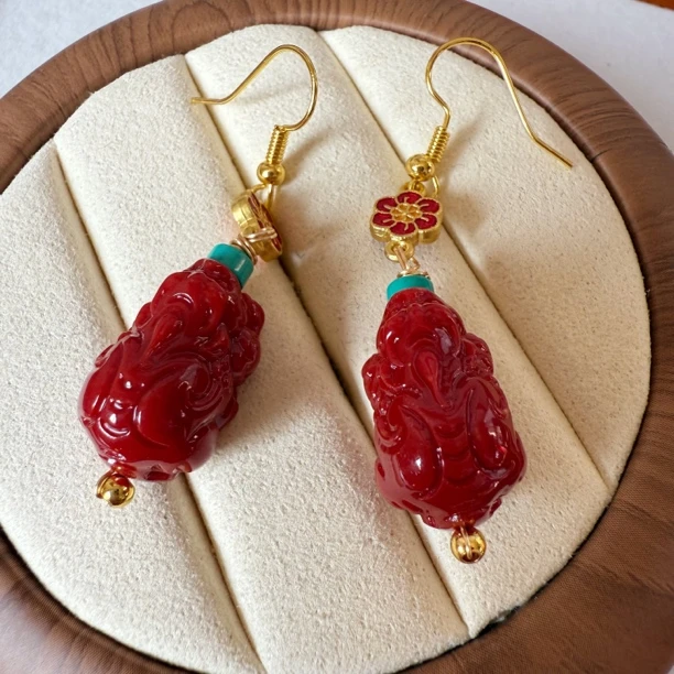 红色 貔貅 耳坠