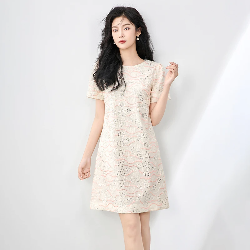 精致优雅贵气金线亮片刺绣提花A字裙女夏南油新款连衣裙-2506508