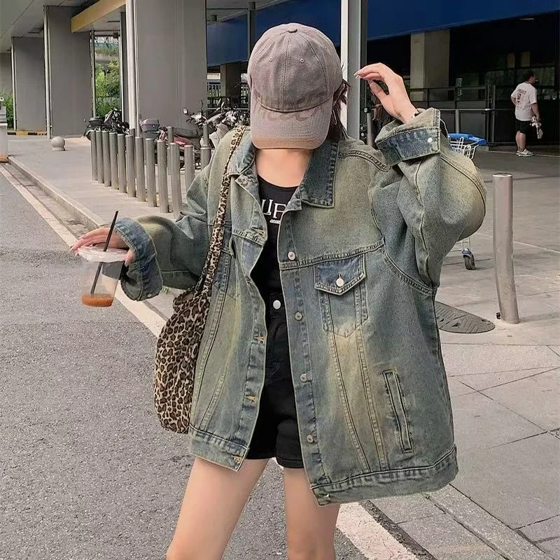 港风复古牛仔外套女小个子宽松百搭没事春秋长袖夹克上衣ins潮