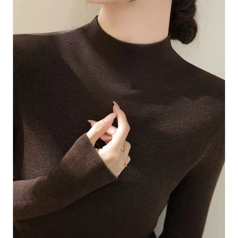 精纺羊毛半高领修身长袖打底衫秋季内搭