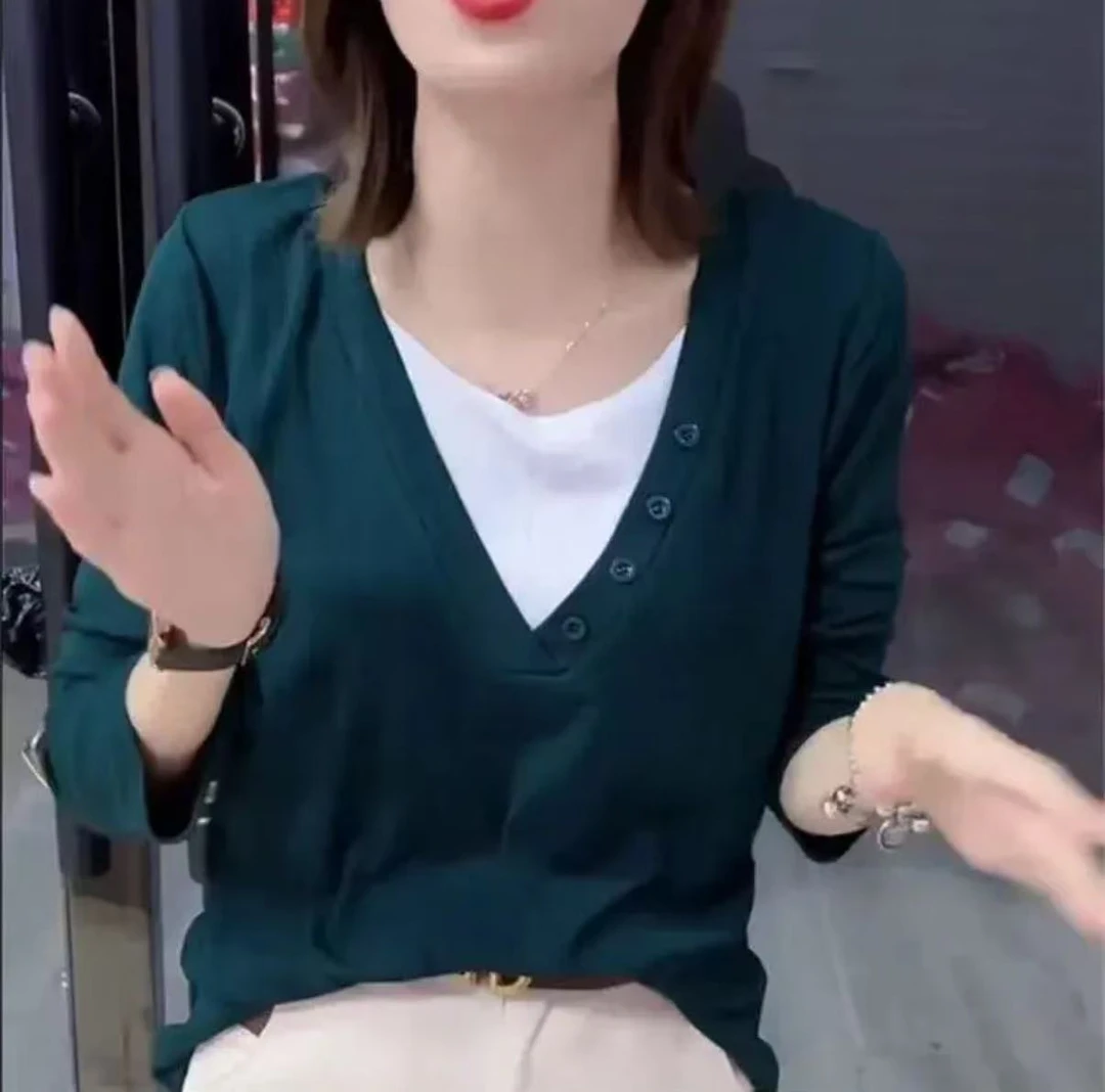 春秋新款v领女装纯色修身假两件拼接长袖T恤