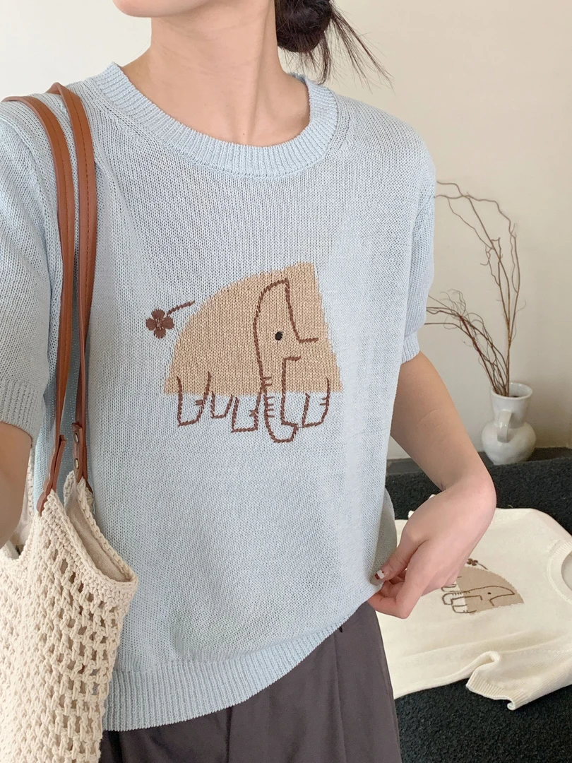 【DUODUO 969979】和纸纱圆领针织短衫T恤夏季新款女休闲百搭针织衫