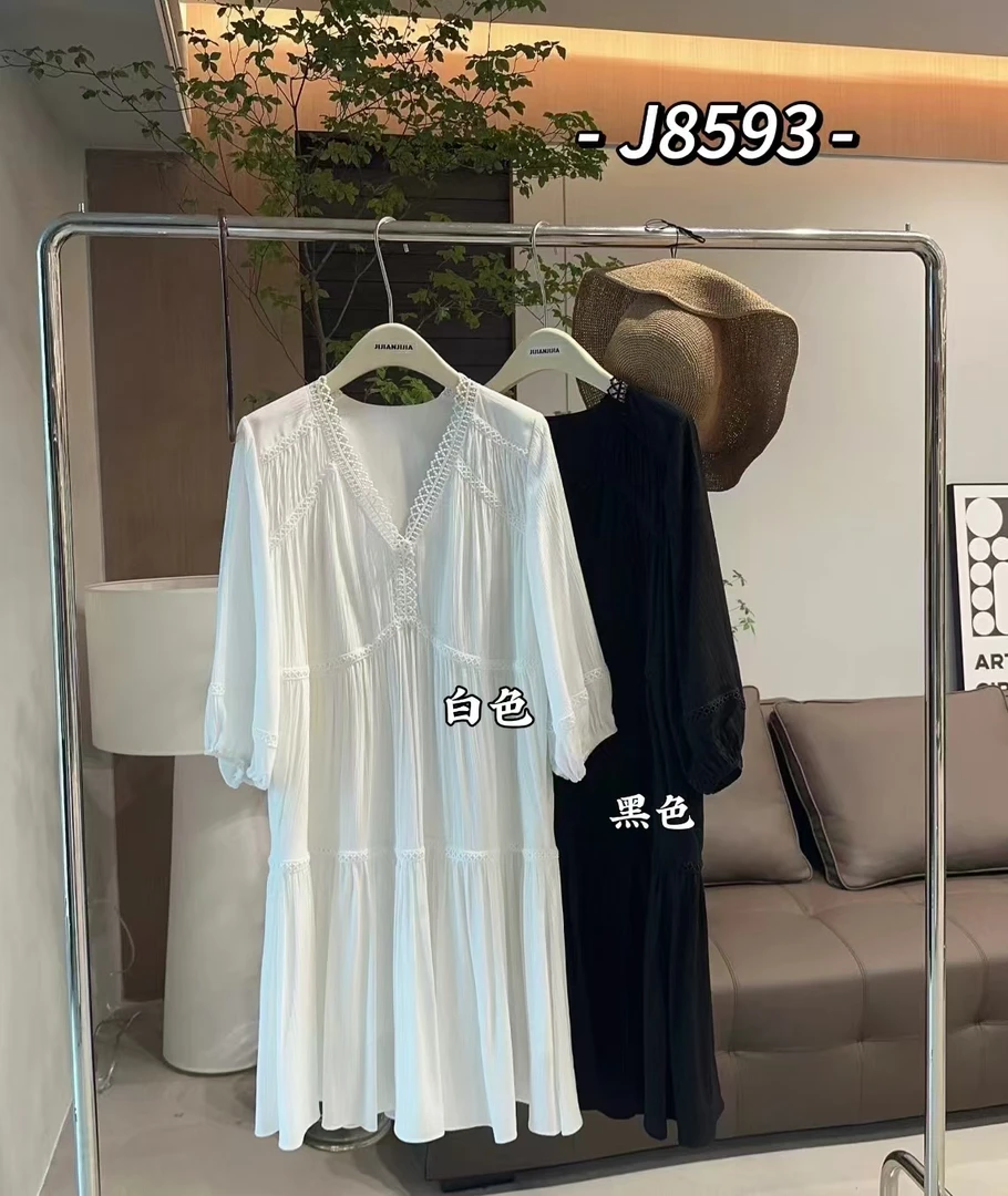 鑫燃Kiki 法式优雅V领泡泡袖连衣裙 J8593 JJ