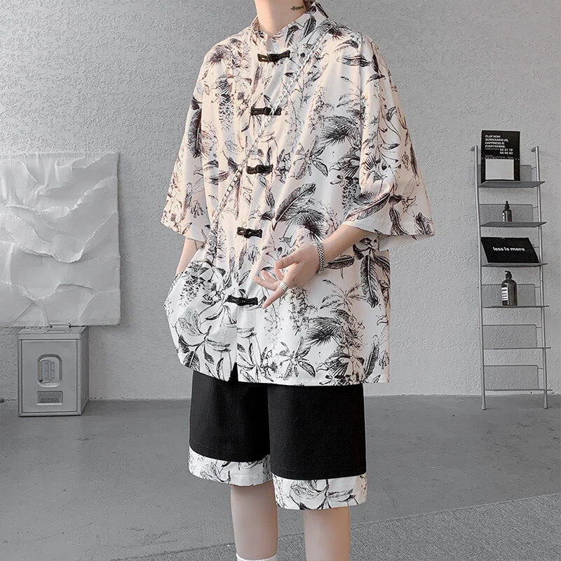 冰丝短袖衬衫男夏季新中式男装中国风复古花衬衣套装改良唐装汉服