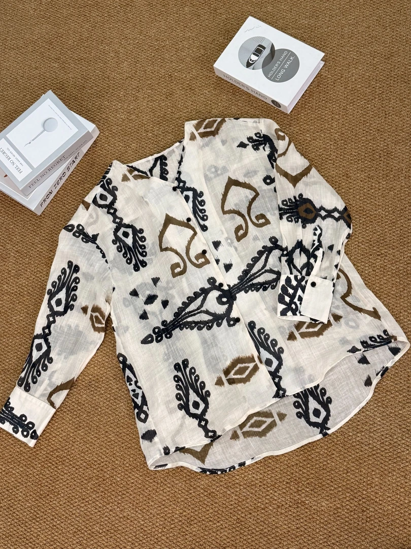 100苎麻 小V领宽松水墨晕染图腾轻薄防晒衬衫 588