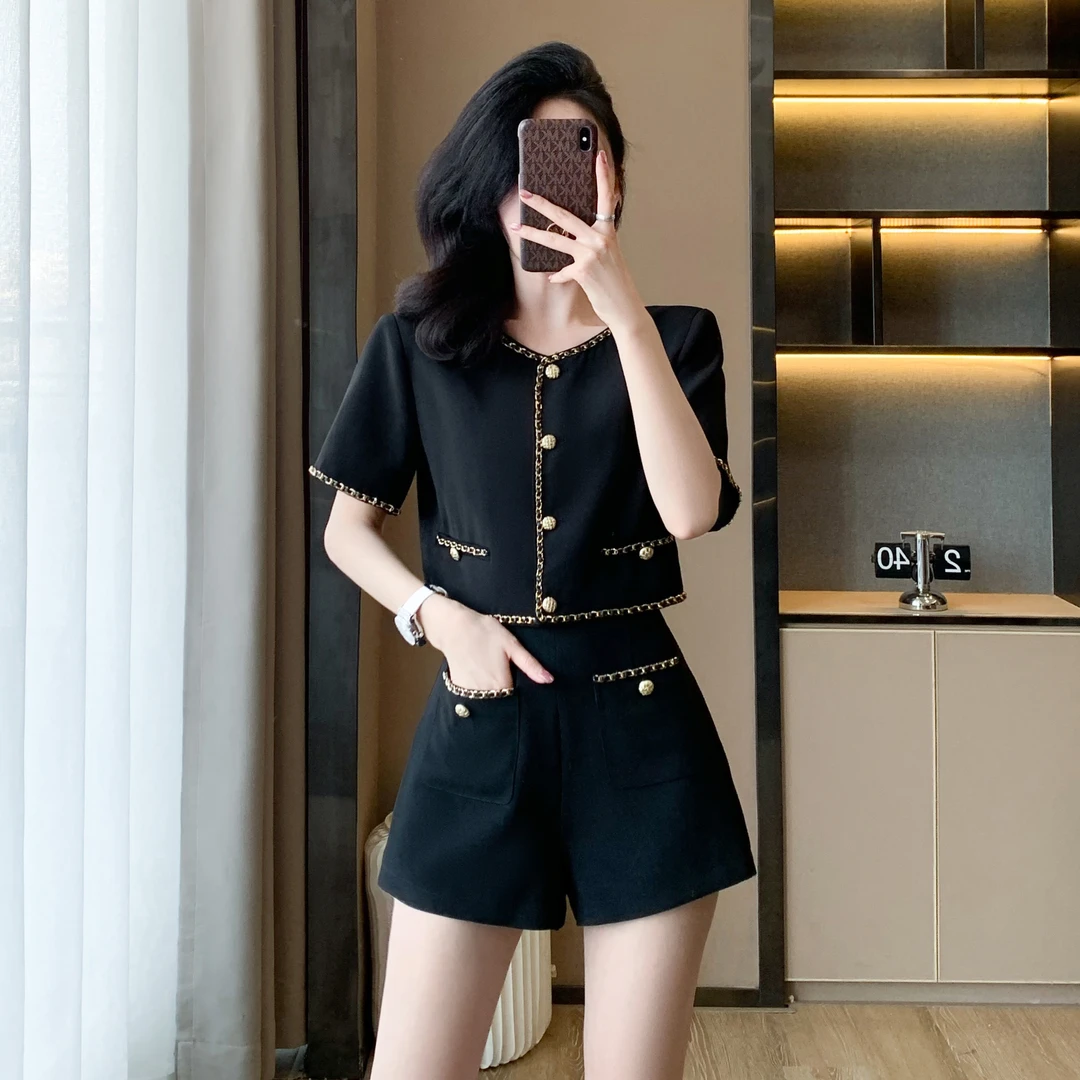 法式小香风黑色显瘦套装女夏季新款高级感气质休闲上衣短裤两件套