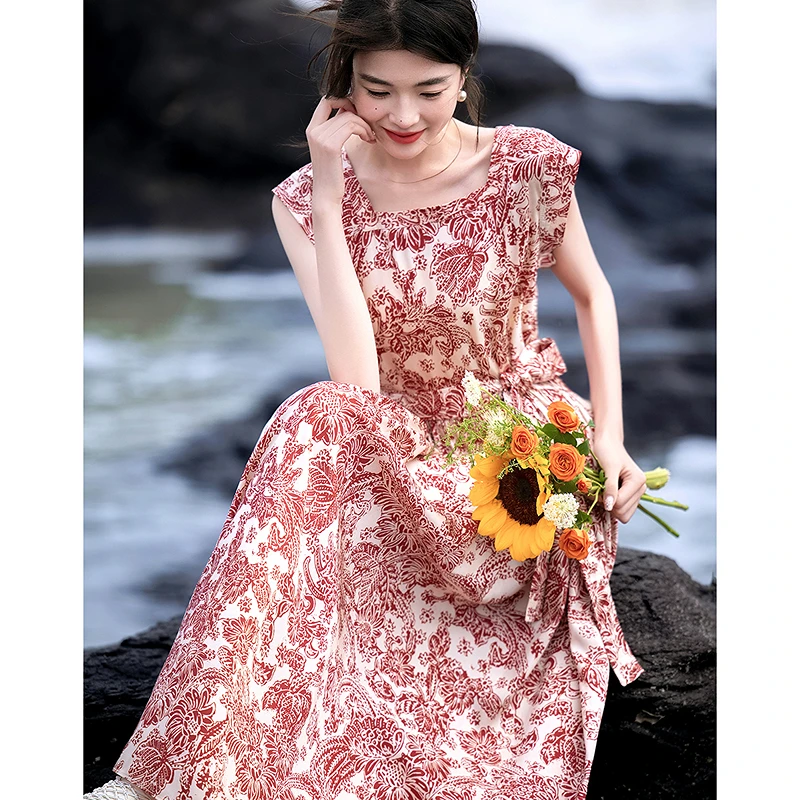 【新东方专属】德·玛纳夏季新中式方领绑带飞袖收腰印花连衣裙