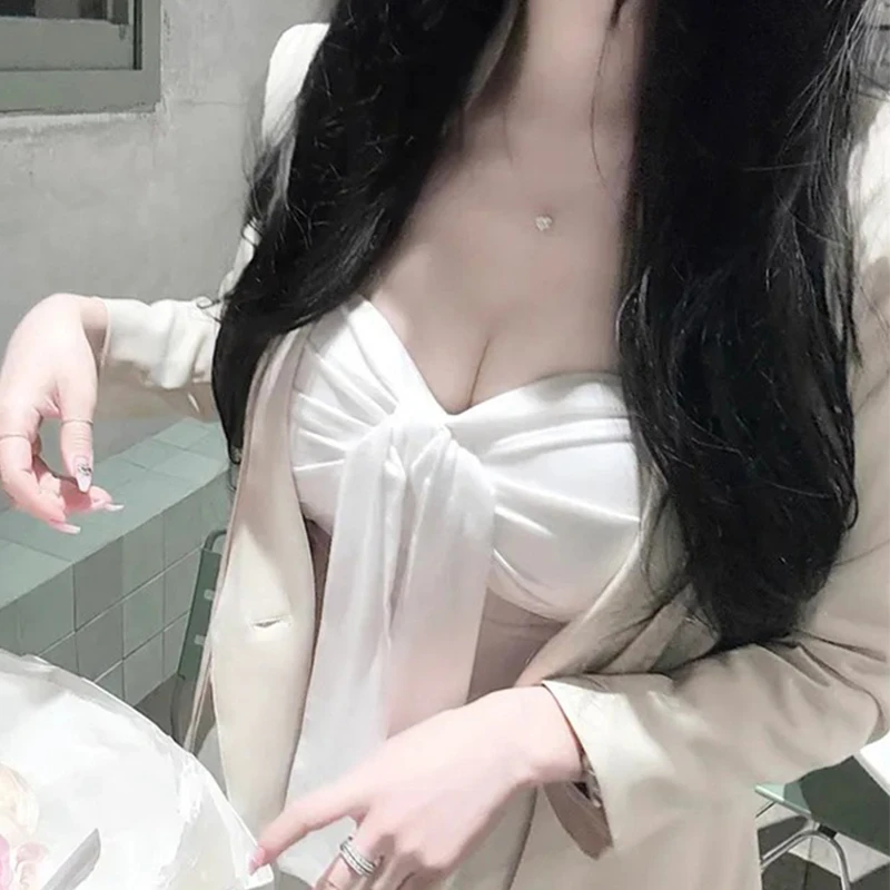 韩国东大门新款百搭修身性感辣妹纯欲显胸大抹胸上衣背心带胸垫女