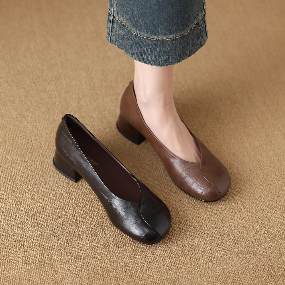 158-88圆头单鞋女2025春季新款粗跟中跟鞋真皮