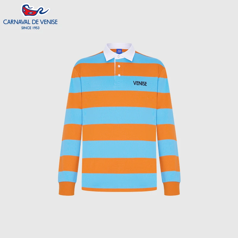 carnavaldevenise威尼斯25春季男翻领条纹减龄棉长袖T恤撞色潮流
