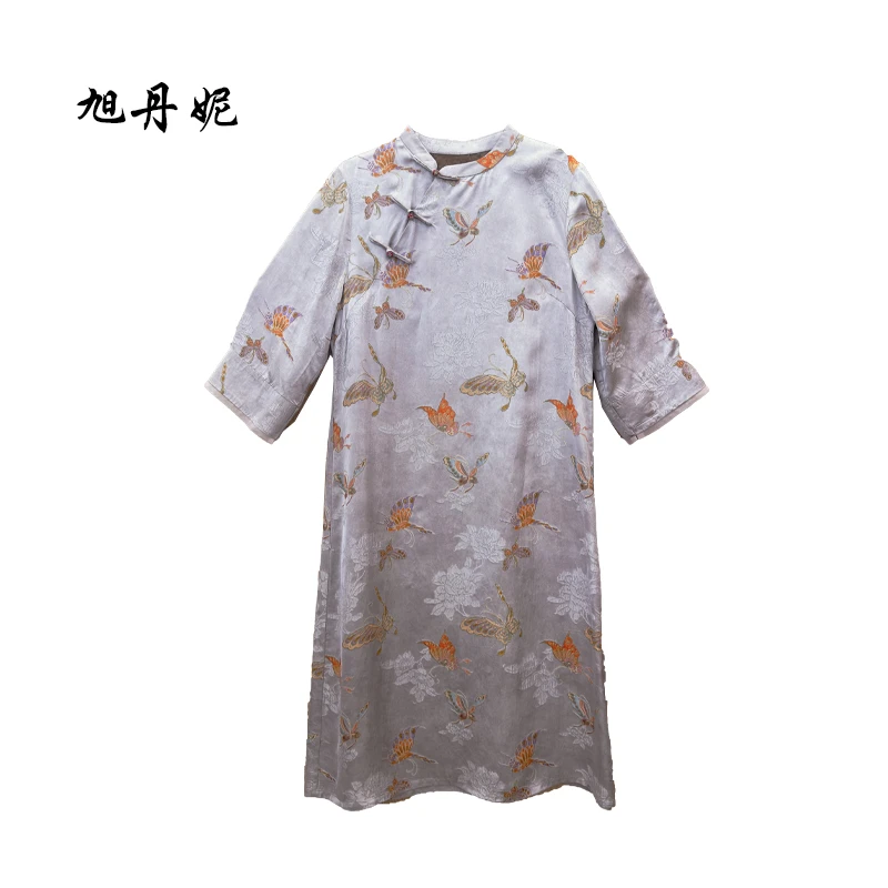 旭丹妮桑蚕丝复古改良旗袍裙2025夏季七分袖长款香云纱旗袍82503