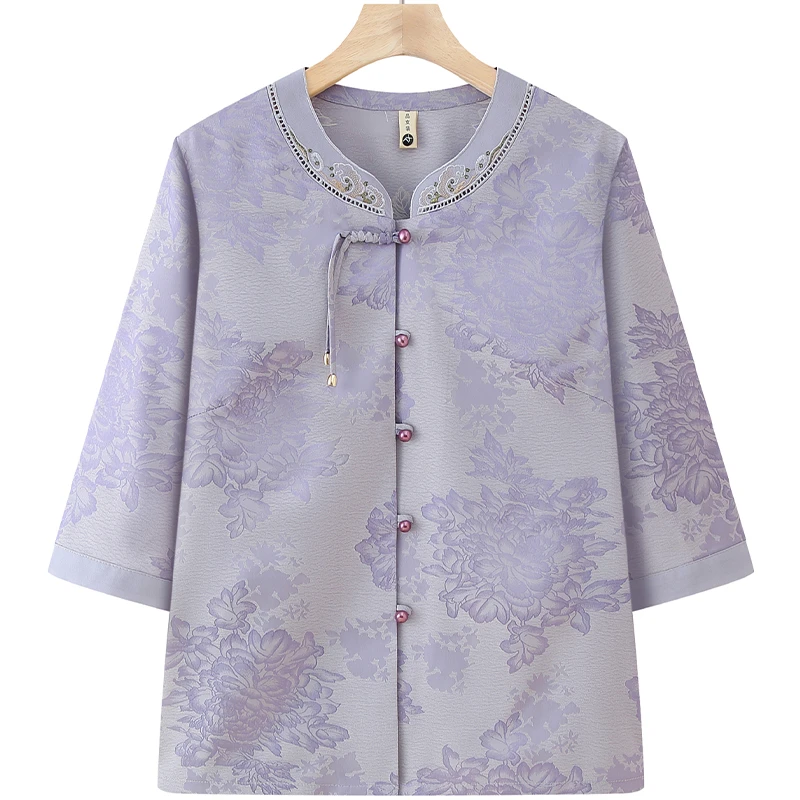 中老年女装夏季新款衬衫大码妈妈装镂空绣花开衫上衣奶奶装薄衬衣