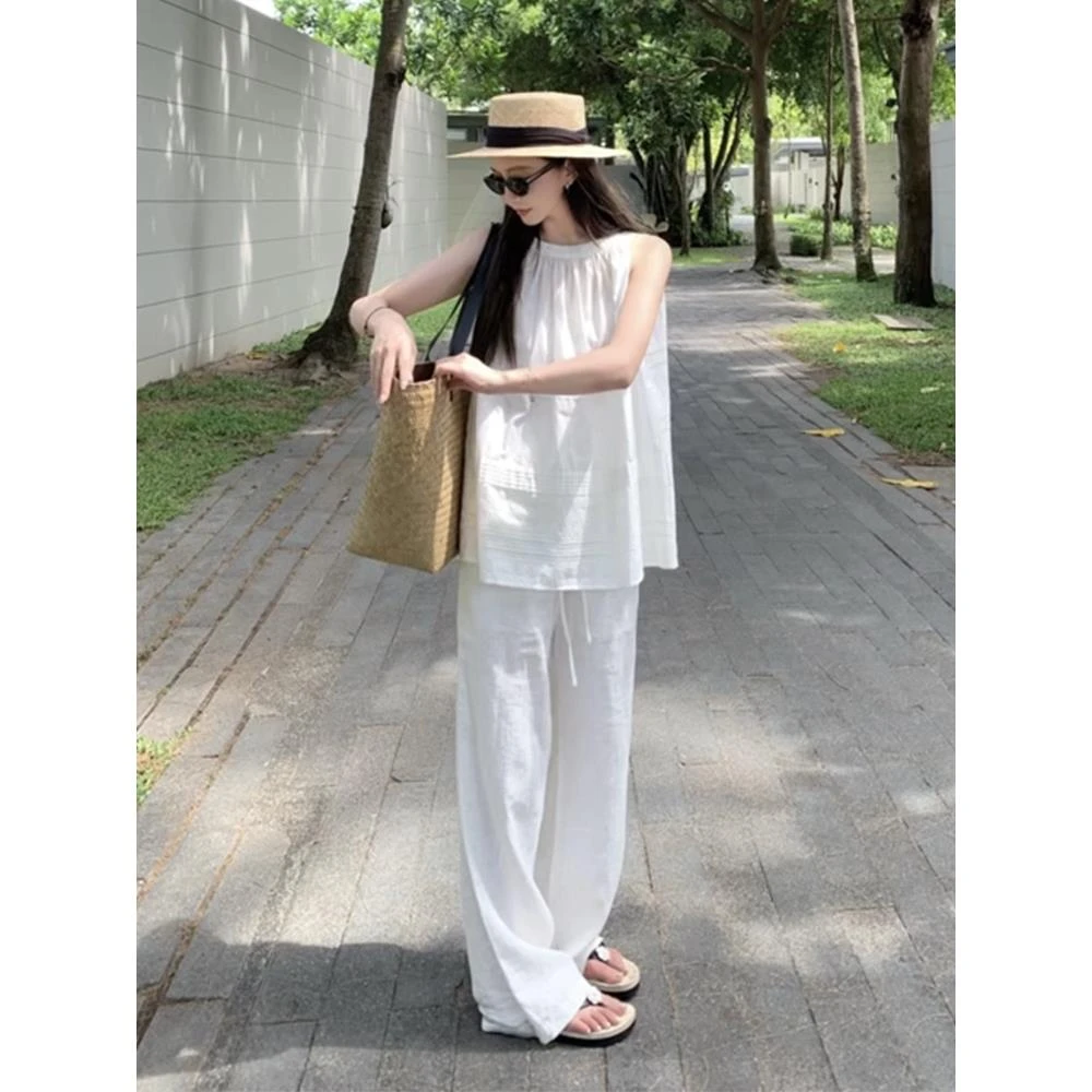 白色夏款搭配一整套女装时髦减龄慵懒风休闲无袖上衣阔腿裤两件套