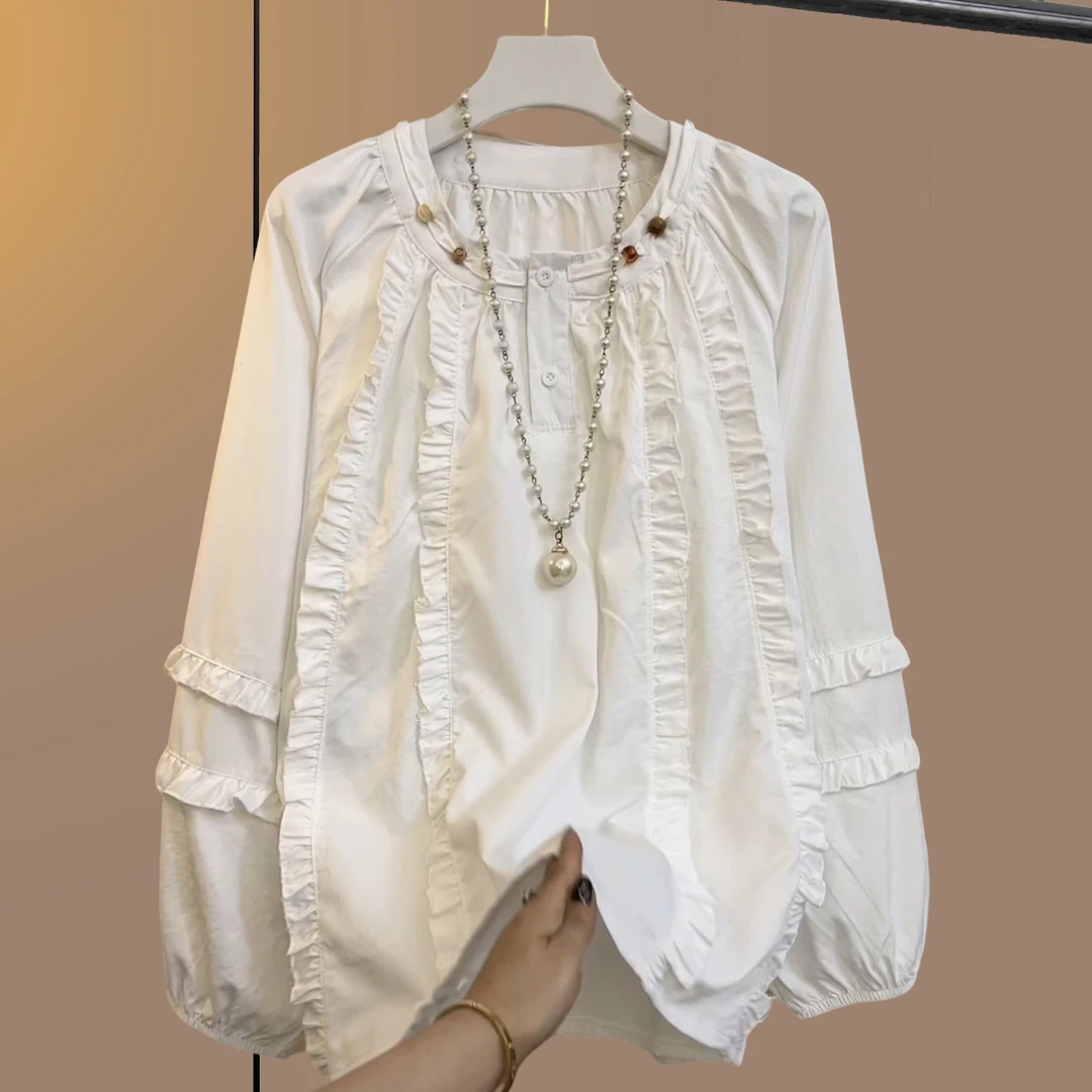 秋季大码女装胖妹妹洋气显瘦宽松百搭时尚上衣简约白色木耳边大衫