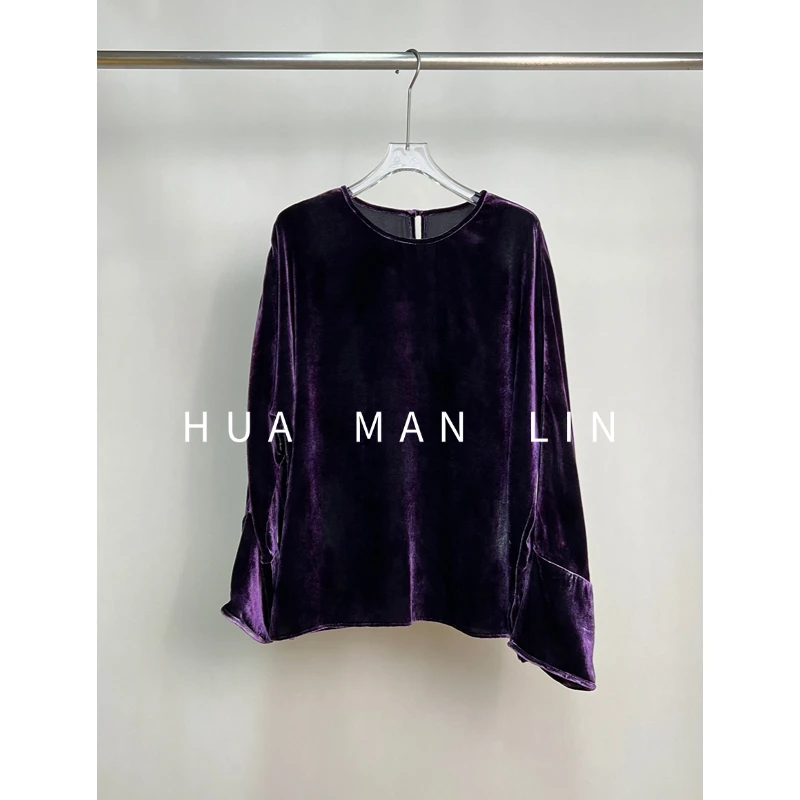 【花满林】圆领后扣定染色连肩袖真丝桑蚕丝丝绒上衣259939