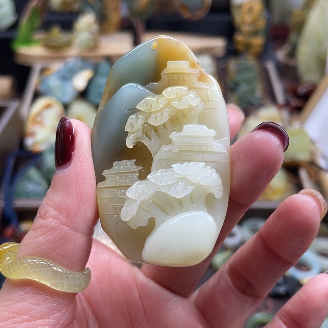 蛇纹石玉颈饰未镶嵌花玉手工山水原皮