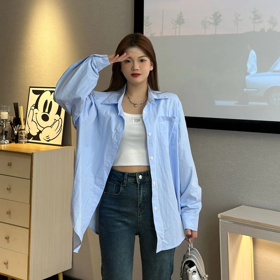 《珠珠定制》港味chic蓝色衬衫女早春装衬衣设计感内搭上衣两件套