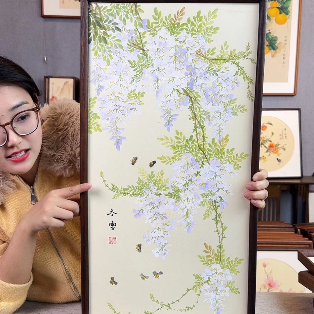 国画纯手绘，纯手写带框尺寸：36×69厘米