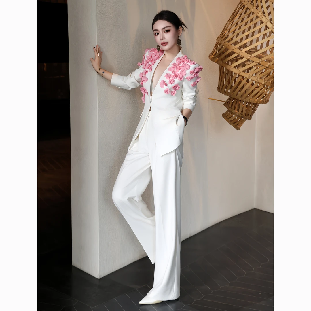 ZEROYK高定静奢风时尚套装设计感满身花朵西服长裤职业通勤两件套