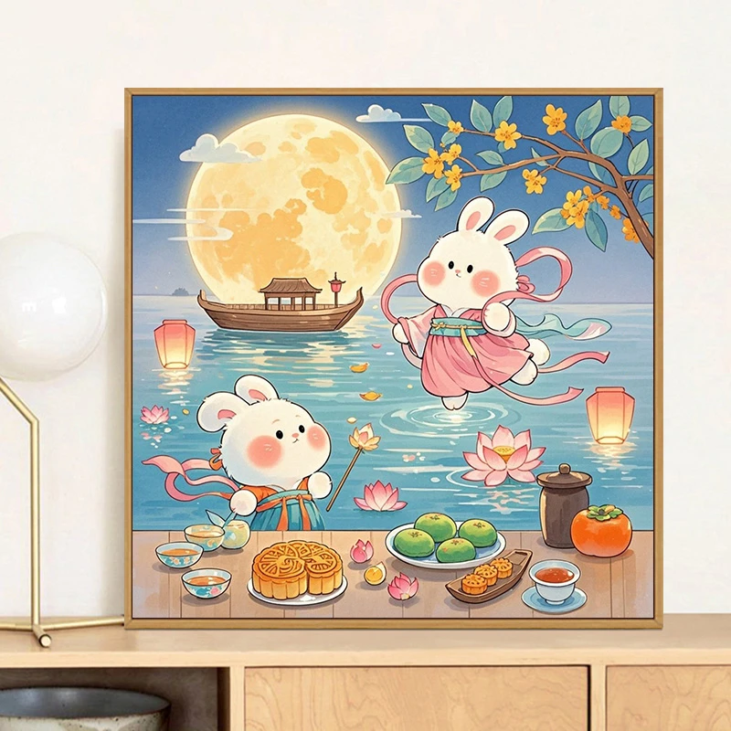 ai中秋赏月卡通diy数字油画手工填充涂色手绘油彩画填色装饰画