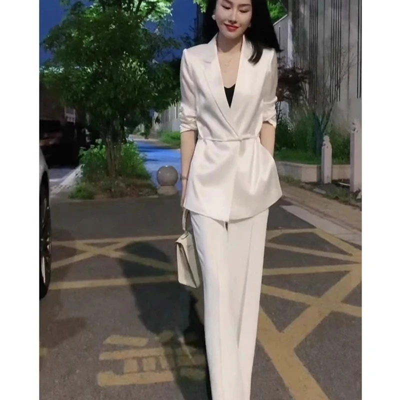 今年流行的夏装西装套装女醋酸缎面高级感轻职业西服阔腿裤两件套