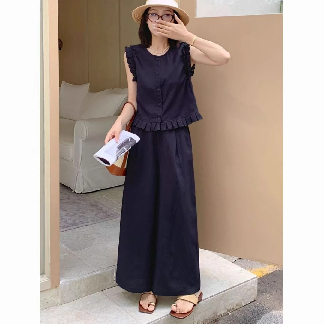 夏季韩系贵气感时尚无袖上衣休闲阔腿裤套装