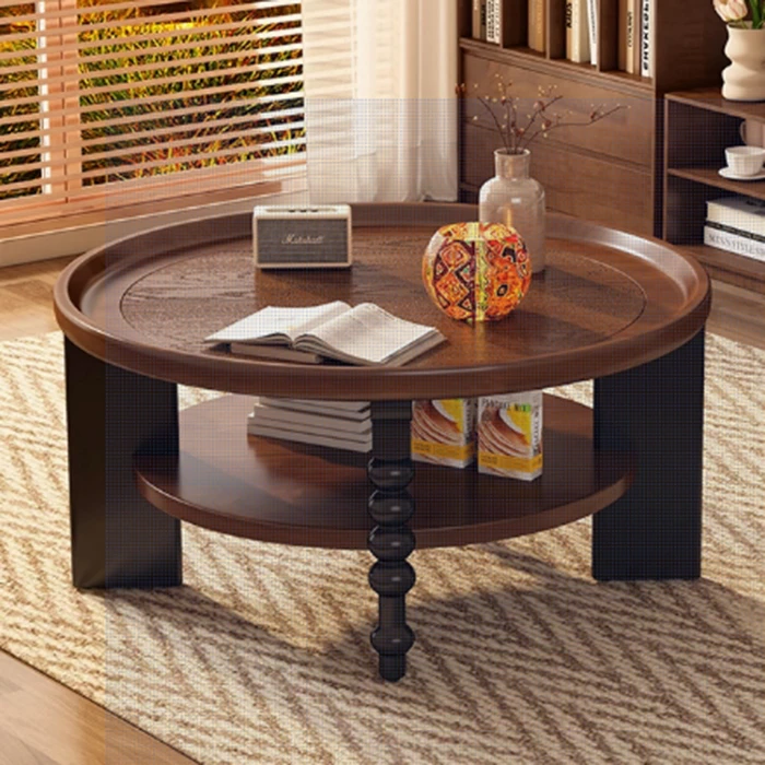 中古风实木茶几圆形法式大气创意茶桌家用小桌子新家入住客厅家具
