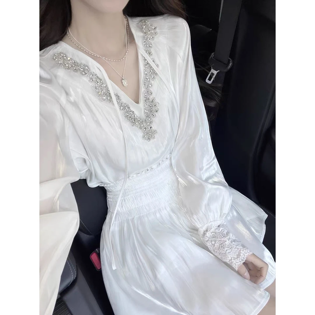 老钱风松弛感女装贵气K法式温柔套装重工水钻v领长袖雪纺衬衫女秋