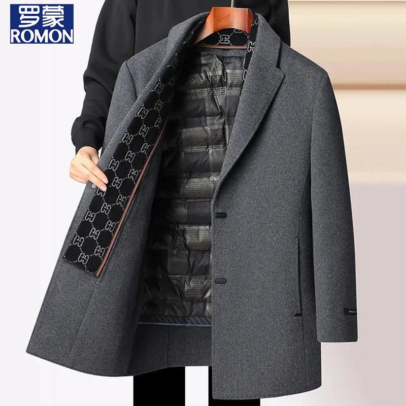 罗蒙男士可脱卸内胆双面毛呢大衣冬季休闲加厚保暖中长款羊毛外套