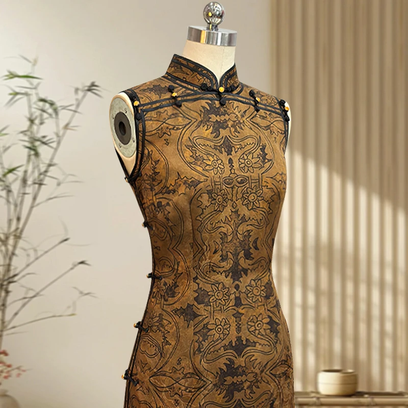 东方晓 玲珑娇高端旗袍桑蚕丝香云纱无袖手工全开襟港风国风夏季