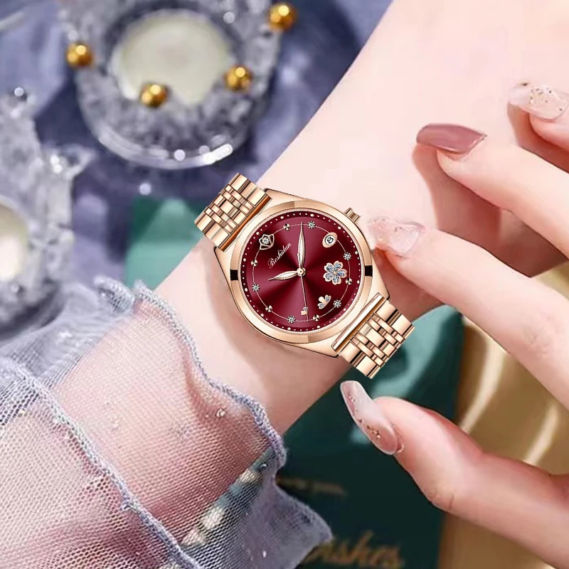 时髦简约休闲樱花款夜光防水石英女士手表8177钢带专属