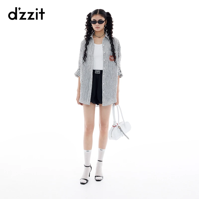 【商场同款新品】dzzit地素长袖衬衫25夏亚麻竖条纹上衣女3J2C3022A