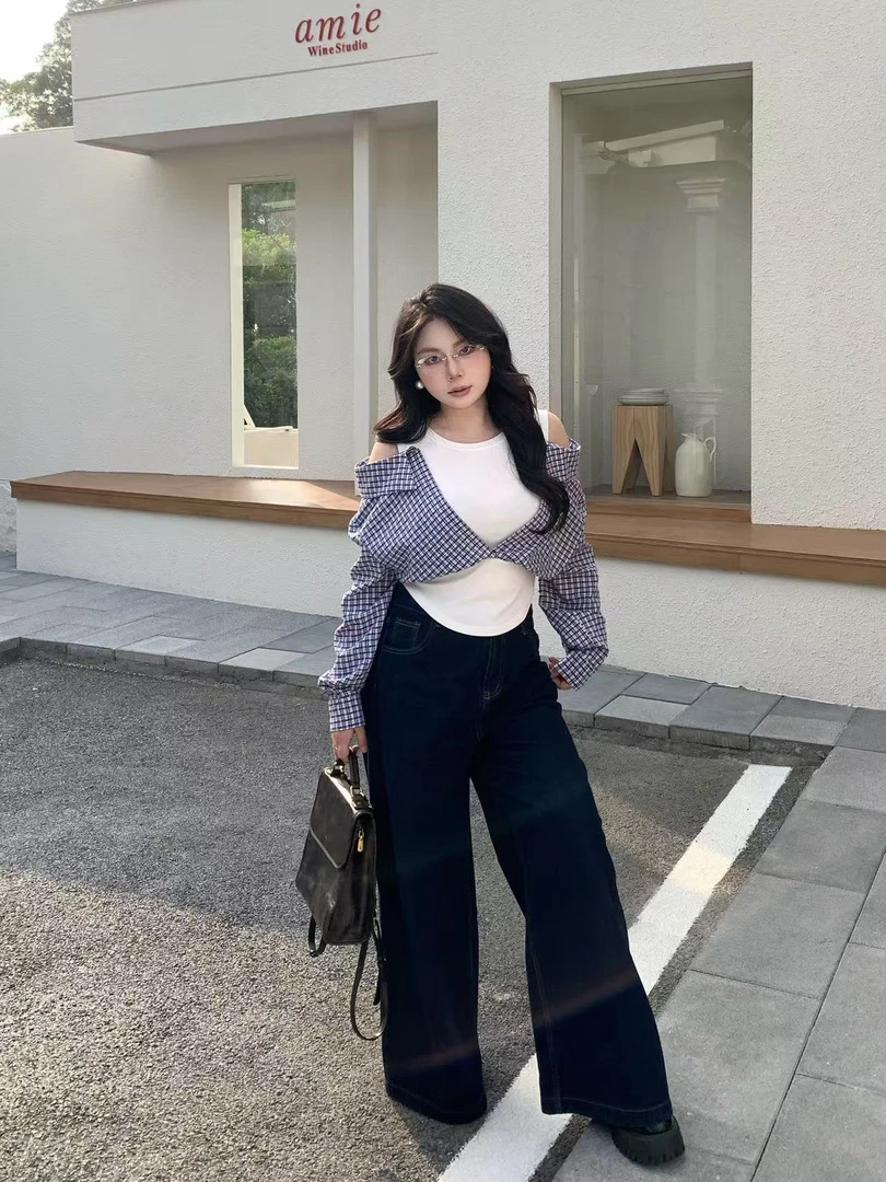 【大小姐】现货“显瘦公式”复古百搭纯色牛仔裤韩版阔腿高腰直筒裤H