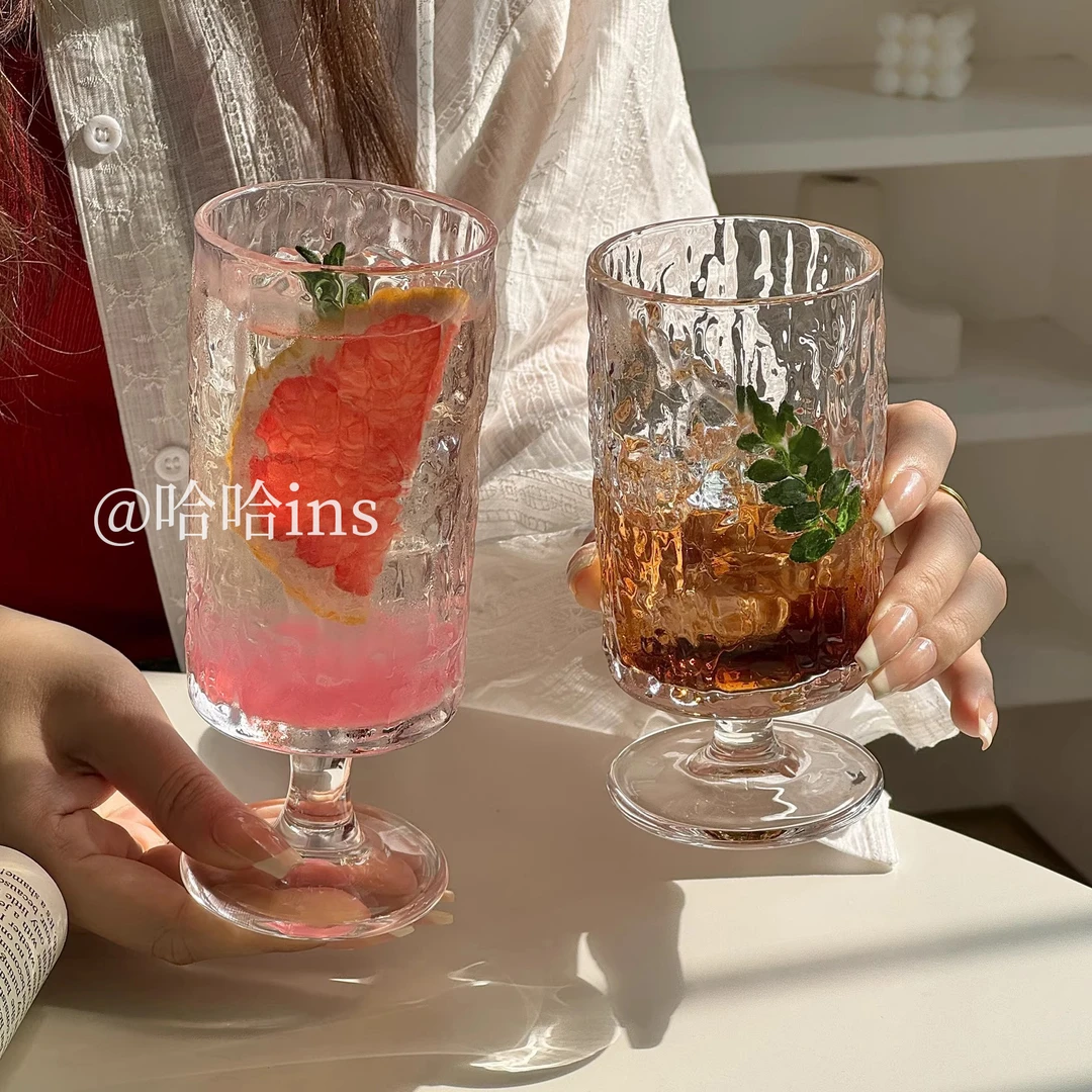 专用果汁玻璃杯家用高颜值树纹透明水杯冷饮杯杯子高脚杯酒杯女士