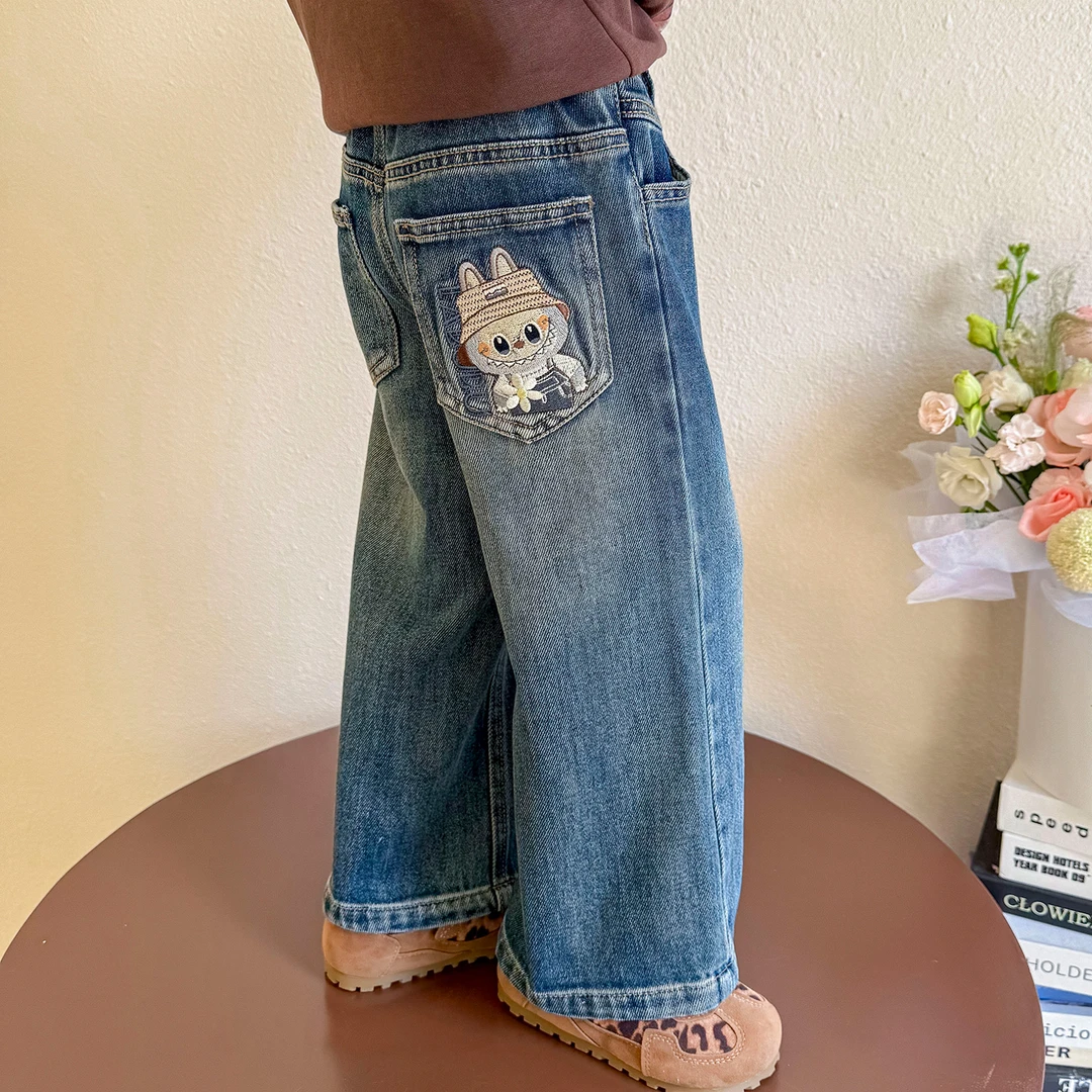 女童牛仔裤秋季新款洋气儿童拉布布阔腿裤女孩春秋装休闲时髦裤子