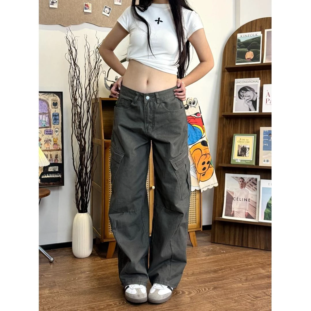 2025新款美式复古多口袋工装裤直筒宽松百搭休闲长裤男女显瘦高腰