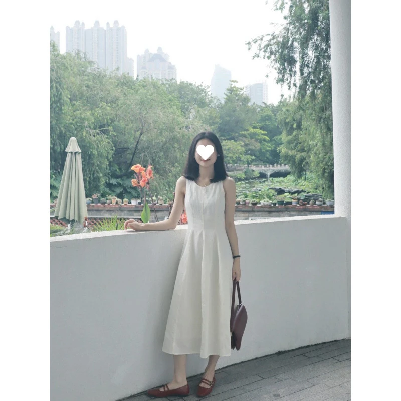 法式白色气质无袖背心子女连衣裙小个子夏季新款长裙