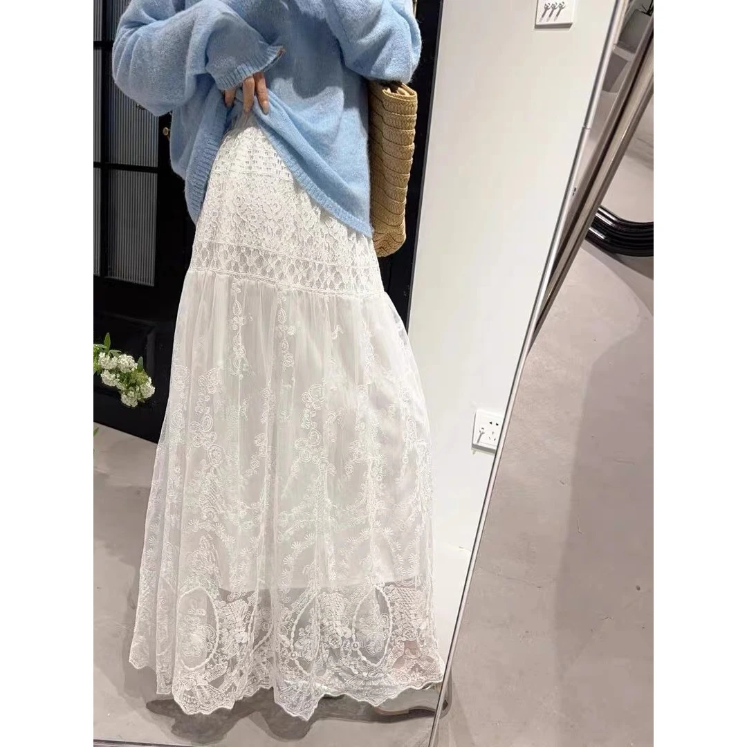 2025韩系氛围感白色蕾丝拼接蛋糕半身裙女春季中长款高腰A字裙